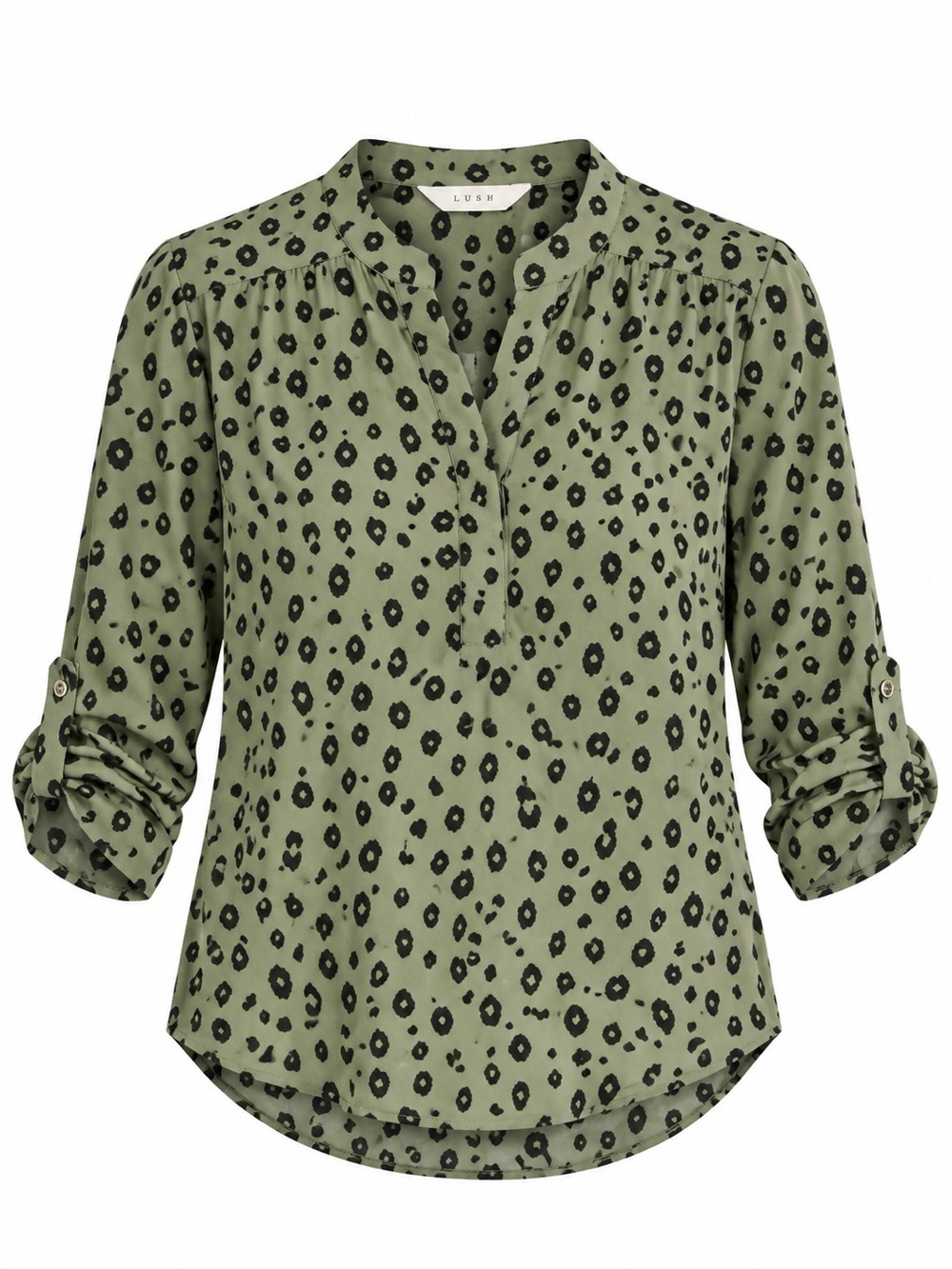 Lush Olive Green and Black Animal Print V-Neck Roll-Tab Sleeve Tunic